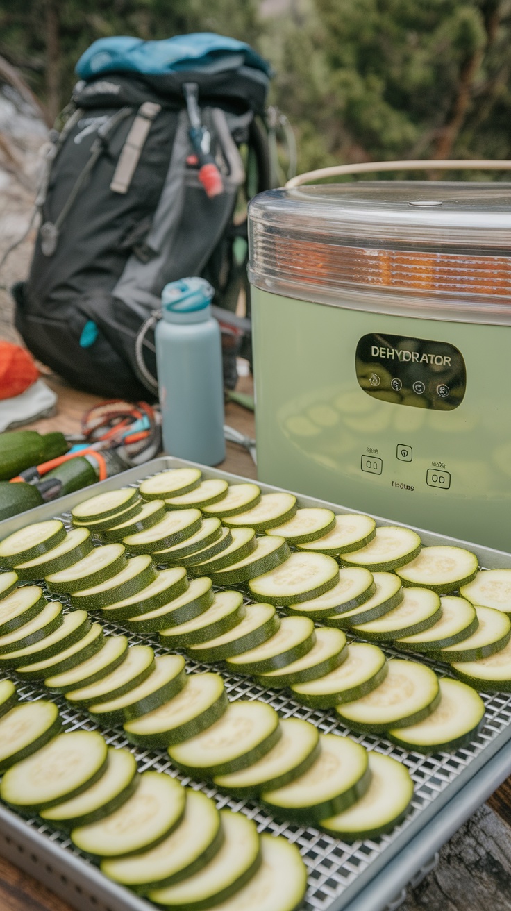 A tray of sliced zucchini in a dehydrator with hiking gear in the background.